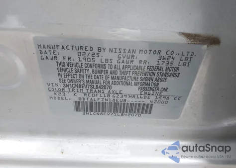 2025 Nissan Versa 1.6 Sv z USA, uszkodzony, nr VIN 3N1CN8EV7SL842070